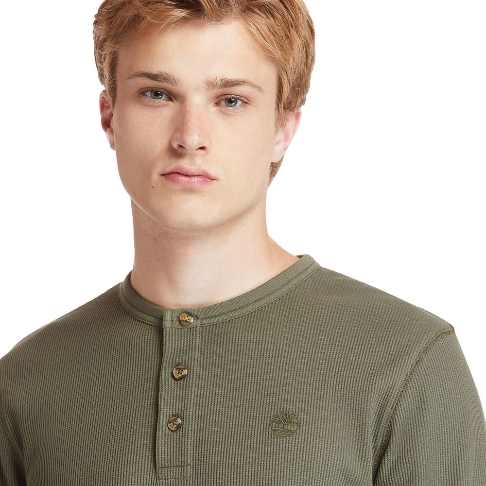 Timberland Mens Shirts Wharf River Waffle-Knit Henley - Olive - India RW3704526